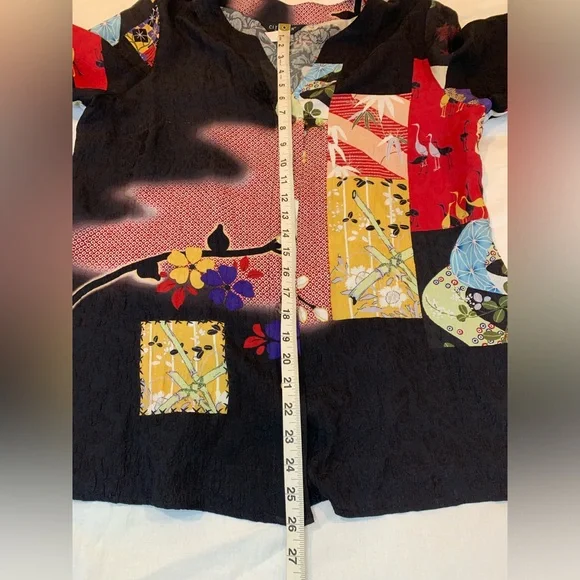 Citron 100% Silk Blouse Top Women’s Size Large Patchwork Asian Floral Arsty - Picture 7 of 8